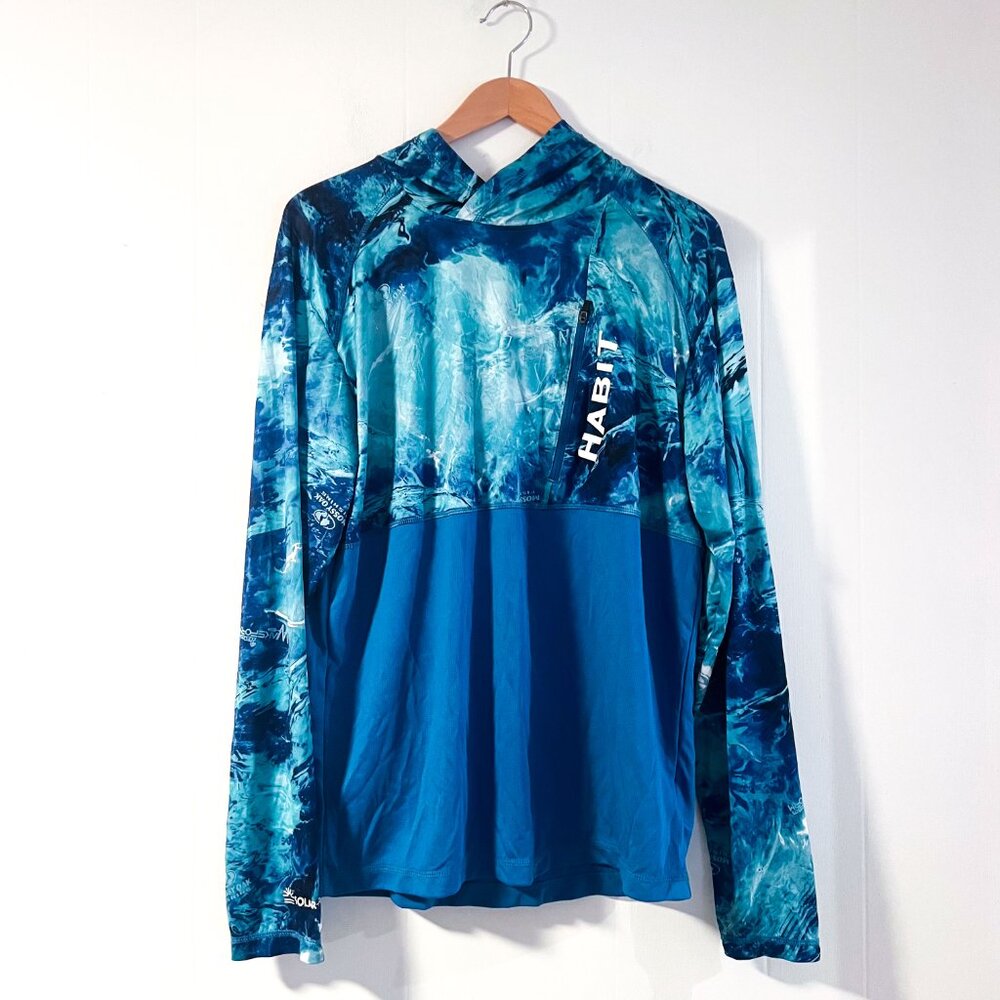 Habit Men's UPF 40+ Habit Waves Long Sleeve Hooded Fishing Shirt Sz L Mossy Oak